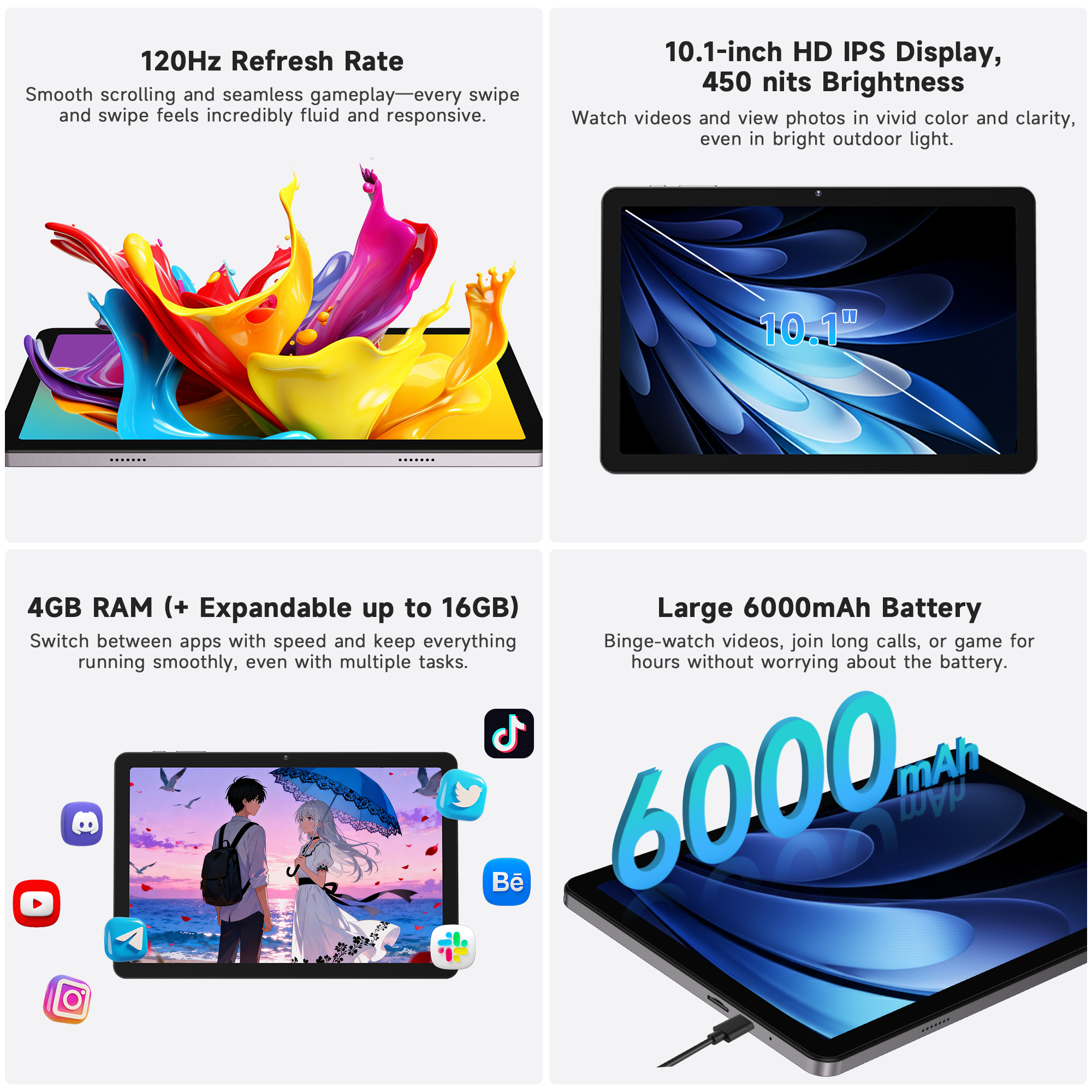 AOC 10.1 inch Android Tablet, Android 16 System, 120Hz Ultra-Smooth Display, 4GB RAM 128GB ROM (1TB Expandable), Octa-Core Processor, Widevine L1 for HD Streaming,/Face Unlock/Slim Metal Body/GPS
