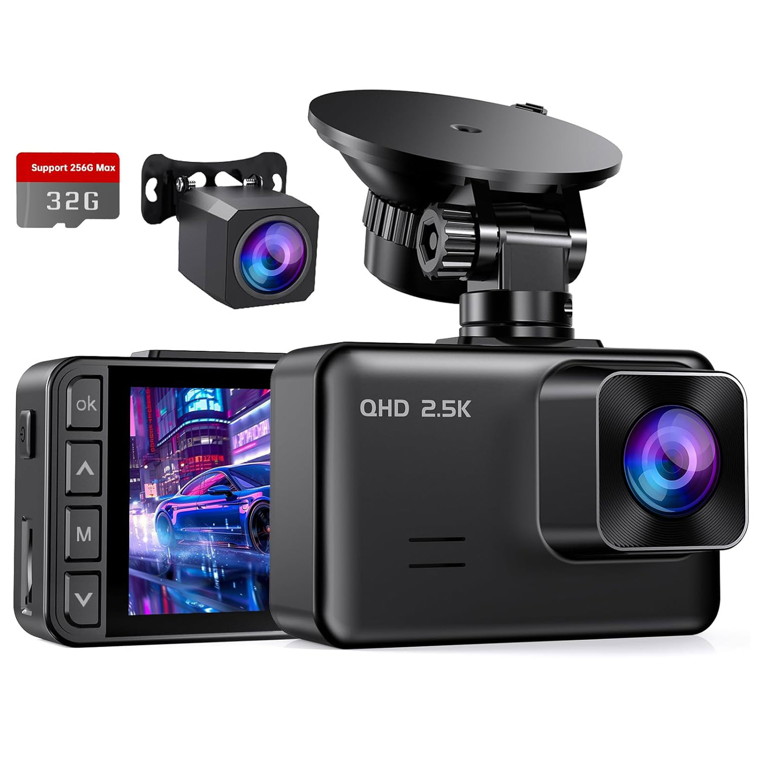 Dash Cam Front and Rear, 2.5K+1080P Dual Dash Camera for Cars, 2’’ Display Mini Car Camera, G-Sensor Dashcam, Night Vision, 24H Parking Mode, Loop Recording, 170°Wide Angle, 32GB Card Included