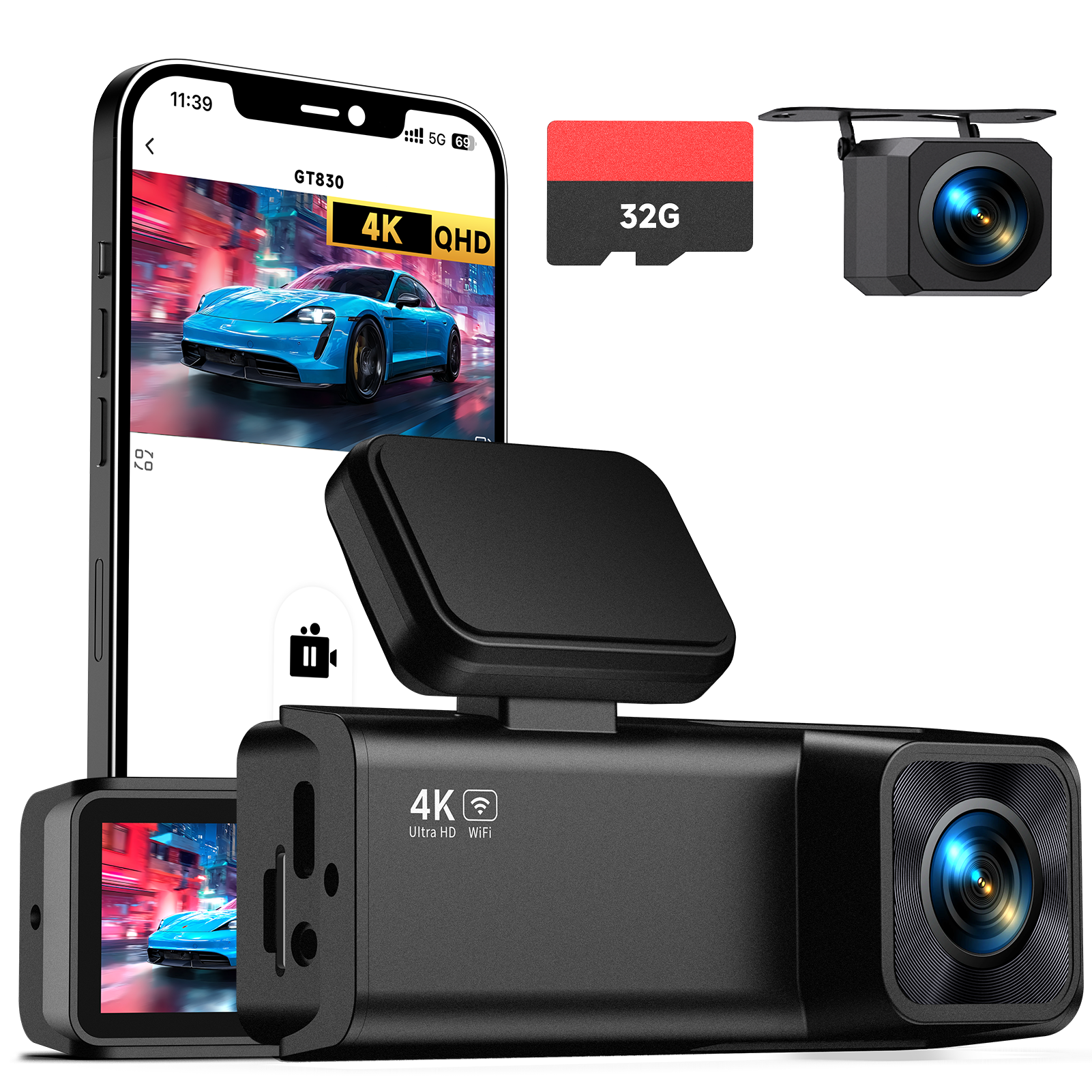 Dash Cam Front and Rear, 4K+1080P Dual Channel Dash Camera for Cars with Night Vision, Mini Car Camera with 1.97” IPS Screen, G-Sensor, 24H Parking Mode, Loop Recording 32GB Card Included