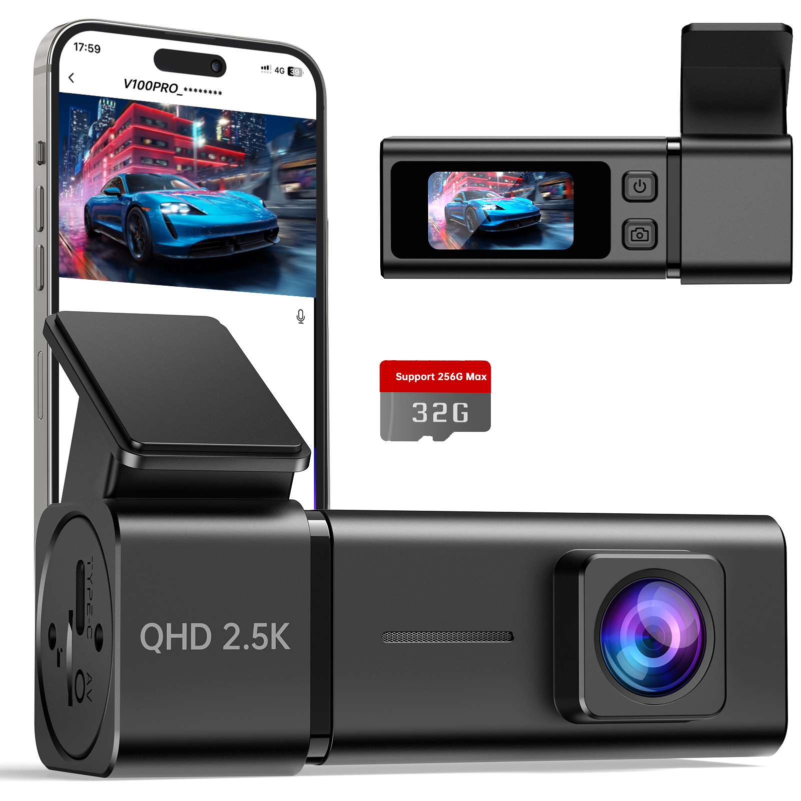 Dash Cam 2.5K Front Dash Camera for Cars with App, WiFi Mini Dashcam Built-in IPS Screen, Night Vision, G-Sensor, Smart Voice, Loop Recording, 24H Parking Mode, 32G SD Card Included, Support 256GB Max