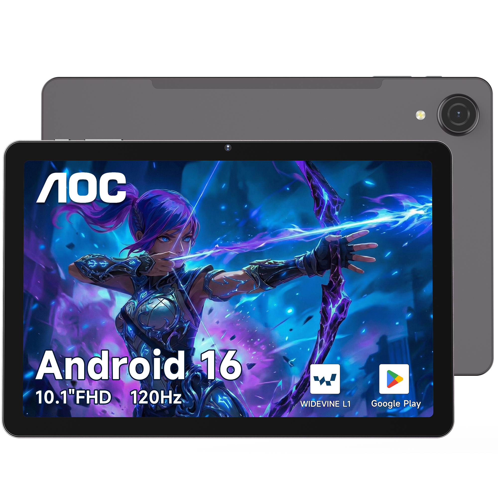 AOC 10.1 inch Android Tablet, Android 16 System, 120Hz Ultra-Smooth Display, 4GB RAM 128GB ROM (1TB Expandable), Octa-Core Processor, Widevine L1 for HD Streaming, Face Unlock, Slim Metal Body, GPS